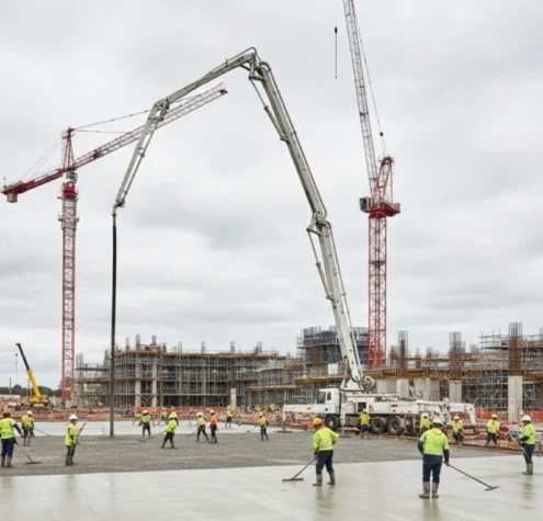 Concrete boom pump pouring a house slab on a residential construction site in Canberra with professional crew