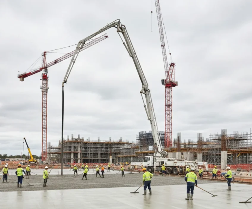 Concrete boom pump pouring a house slab on a residential construction site in Canberra with professional crew