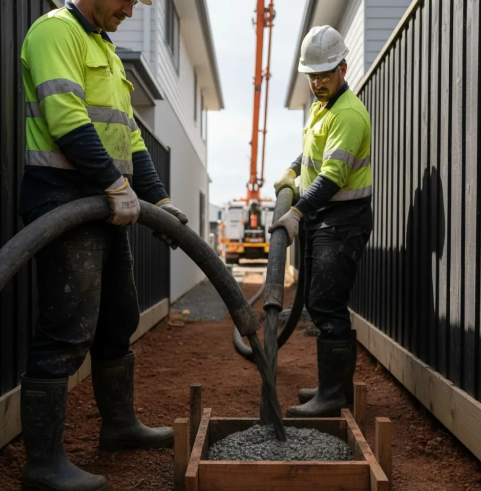 Line concrete pump hose placing concrete in a narrow access residential site in Canberra (1)