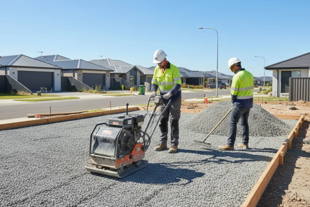 Crushed rock base preparation for concrete slab